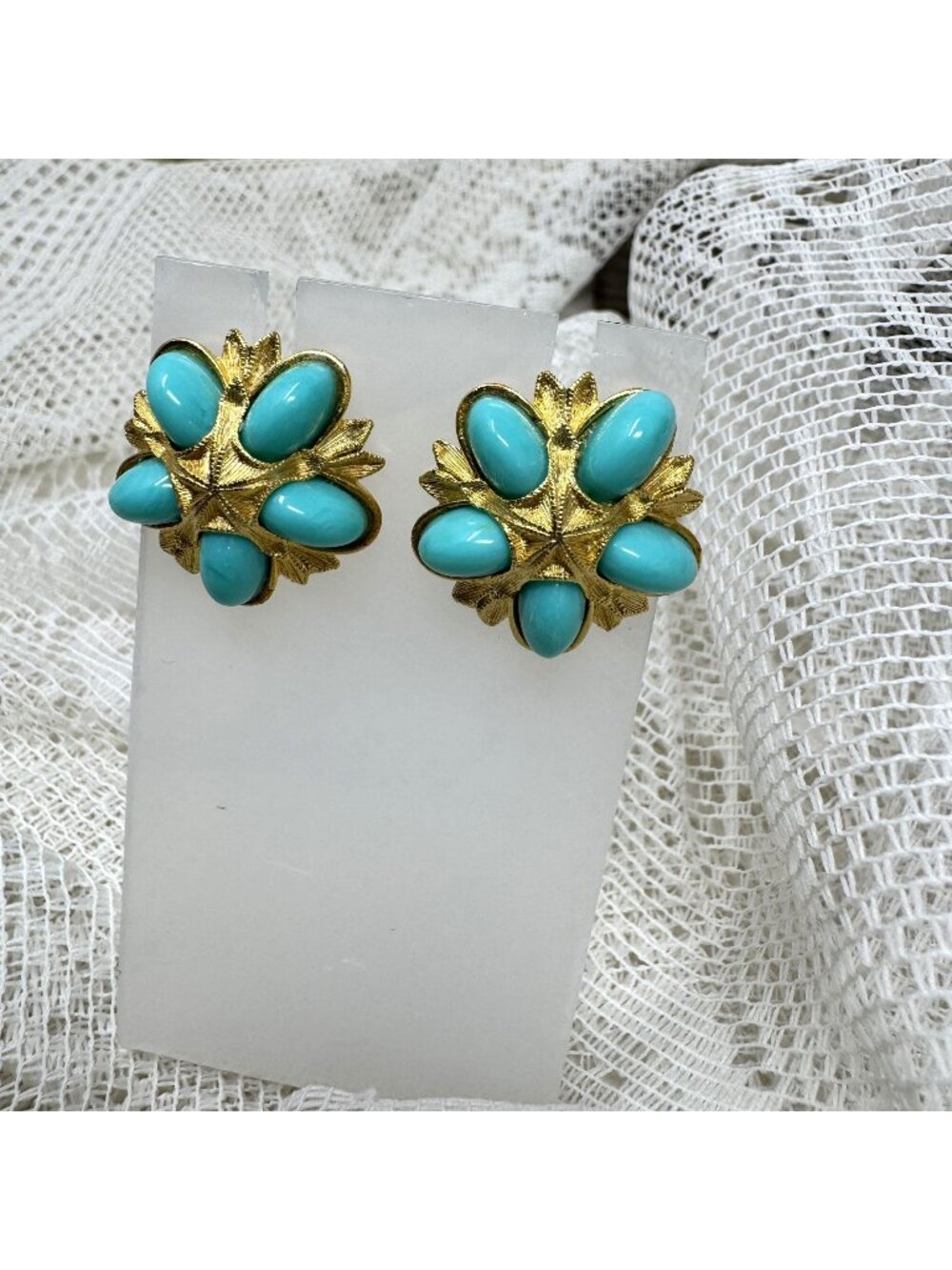 Turquoise & Gold Floral Clip-On Earrings - Vintage 1960's Statement Jewelry